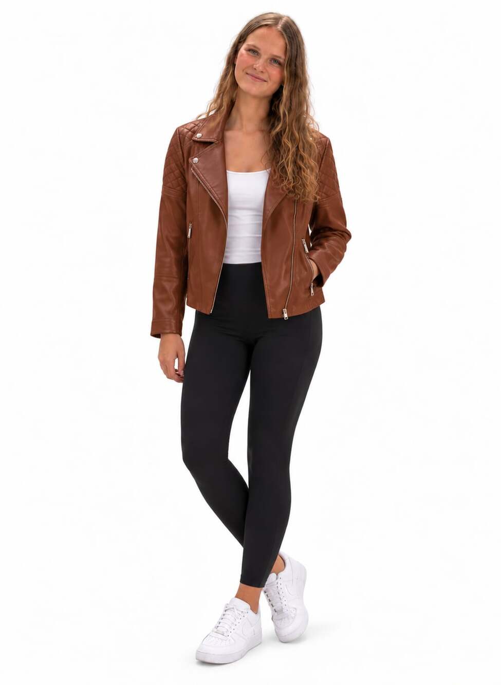 New York & Company Biker Jacket Size S Brown Faux Leather Quilted Moto